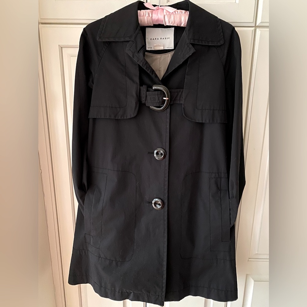 Zara basic navy blue trench coat A-line cotton buckle full lined Women's S